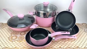 Panci Penggorengan Berkualitas & Wajan Teflon Anti Lengket 9Pcs Cookware Set Pastel SUPRA