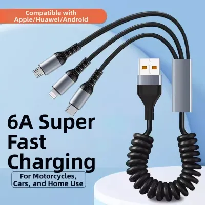 Car Motorcycle Spring Data Cable Three-In-One One-To-Three Mobile Phone Charging Cable USB Type-C Lightning Interface 240W Fast Charge