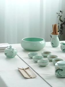 Longquan Celadon Handmade Crackle Glaze Teacup 60ml Golden Fish Design Chinese Kungfu Tea Set Porcelain Cup
