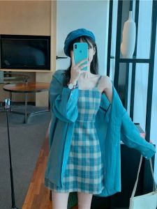 Fresh Plaid A-Line Mini Skirt with Suspenders Womens High Waist Work Clothing Adjustable Shoulder Strap Two-Piece Set Sleeveless for Spring and Summer