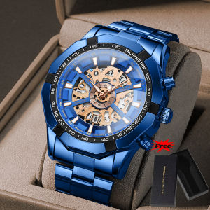 [With Free Box] BINBOND Fashion Mens Watches 2023 Luxury Brand Dual Calendar Luminous Prismatic Diamond Dial Stainless Steel Strap Waterproof Quartz Wristwatch Fashion Casual Golden Watch S033