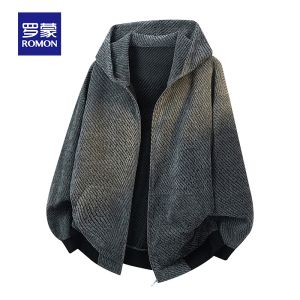 ROMON | Lormen Mens Hooded Open Cardigan Sweatshirt Spring Autumn New Stylish Casual Hood Knitted Zipper Sports Jacket Trendy