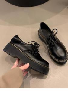 Trendy Genuine Leather Slip-On Shoes for Women Spring Autumn round Toe Thick Bottom Lace-Up Versatile Loafers British Style Black