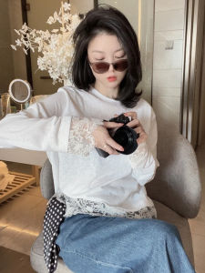 เสื้อยืดคอกลมแขนยาวผ้าลูกไม้สีขาว ทรงหลวม สำหรับผู้หญิง เสื้อชั้นใน เสื้อผ้าทำงานสไตล์เกาหลี ดีไซน์เรียบง่าย ระบายอากาศได้ดี