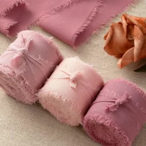 3Roll/5m Handmade Frayed Edged Satin Chiffon Silk Ribbon Wedding Invitation Cards Wrapping Bouquets Gifts Packing Party Decor