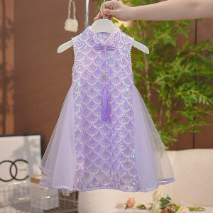 Princess Style Fish Scale Cheongsam Dress Childrens Summer Fashionable Mermaid Dress New 2025 Girls Popular Skirt Cotton Blend Fabric