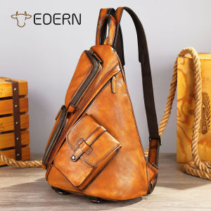 EDERN New Retro Genuine Leather Chest Bag for Men Large Capacity Cowhide Crossbody Bag Multifunctional Backpack Fashion Casual Sling Bag
