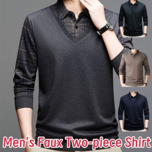 M-4XL Mens Faux Two-piece Shirt Men Slim Fit POLO T Shirt Loose Knitwear