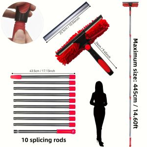 4 Meters 2-in-1 Window Cleaning Brush Squeegee Kit Extendable Handle Durable Stainless Steel High-Reach Outdoor Glass Cleaning