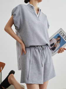 Grey Plaid Spliced Faux Two-piece Set V-neck