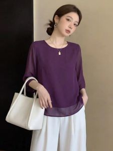 SHIMANQING | Stylish Youthful Purple Chiffon Three Quarter Sleeve Tummy Control Refined Look Plus Size Summer Womens Shirt