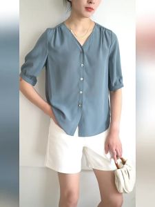 Silk Chiffon Short Sleeve V-Neck Pure Color Simple Shirt