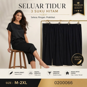 Womens Black 3/4 Sleep Pants Seluar Tidur Soft Elastic Waist Home Wear M-2XL Comfortable