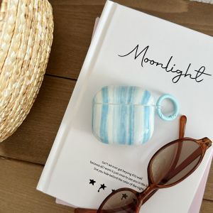 Simple Blue White Oil Painting Texture Vertical Stripes Protective Earphone Case with Blue Ring for AirPods 1 2 3 4 Pro Pro2