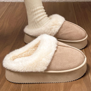 Leather Suede Autumn Winter Cotton Slippers Thick Bottom Home Comfortable Womens Shoes Anti-Slip Wear-Resistant Casual Loafers