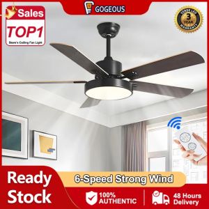 GOGEOUS Nordic ceiling fan with light modern ceiling fan with led light for living room 3 colors dimming 6 speed wind ceiling fan 5 blades big with remote wooden blades dc motor ceilings fan light with fan for ceiling for bedroom kitchen restaurant