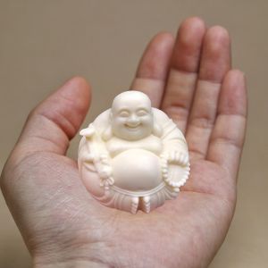 Mini White Faux Ivory Laughing Buddha Statue Happy Maitreya Figurine Home Office Car Feng Shui Decor Lucky Gift