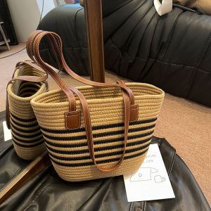 Meria Large Capacity Straw Woven Tote Bag for Women Summer 2024 New Style Casual Shoulder Bag with Fabric Lining and Double Root Strap