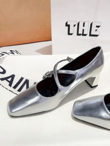 รองเท้าส้นสูงสีเงินสำหรับผู้หญิง ทรงหัวเหลี่ยม รองเท้า Mary Jane แบบสวมสบาย รองเท้าแฟชั่นสำหรับผู้หญิง รองเท้าส้นสูงแบบสวมสบาย