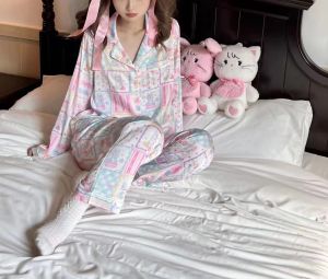 ชุดนอนผ้าไหมน้ำแข็งฤดูใบไม้ร่วงน่ารักและหวานสำหรับเด็กผู้หญิง ชุดนอนผ้าฝ้ายคอตตอนแขนยาว กางเกงขายาว ชุดนอนในบ้าน ชุดนอนผ้าฝ้ายคอตตอน