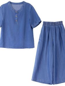Summer 2025 Womens Denim Set Wide Leg Jeans round Neck Top Two Piece Suit Mom Fashion Polyester Fiber Short Sleeve Casual Wear