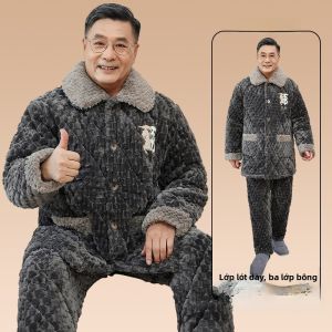 Bộ đồ ngủ nam MiiOW dày lót lông cừu ba lớp tay dài quần dài polyester
