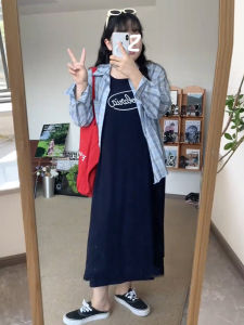 ชุดเดรสแขนกุดลายสก็อตสีน้ำเงินสไตล์อเมริกันสำหรับผู้หญิงไซส์ใหญ่ ชุดทำงานฤดูใบไม้ร่วง ชุดลำลอง ชุดกระโปรงยาวคลุมเข่า
