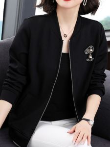Stylish Short Lady Jacket Outerwear Black Baseball Style Autumn New Arrival Womens Fashion Top Zipper Regular Sleeve Long Commute