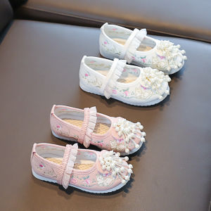 Kids the Han-Style Clothing Shoes Girls Embroidered Shoes String of Pearls Chinese Ancient Style Girl Chinese Style Costume Baby Flats Performance Shoes