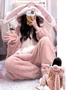 Thickened Coral Fleece Winter Pajamas Womens Cute Cartoon Rabbit Hooded Flannel Sleepwear Long Style Home Clothes