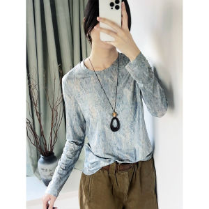 REHIN เสื้อผู้หญิงผ้ายืดเข้ารูปพอดีแขนยาวตาข่ายพิมพ์ลายเก๋ไก๋สไตล์เกาหลีญี่ปุ่น