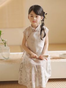 Girls Summer New Chinese Style National Trend Dress Childrens Clothing Renovated Hanfu Cheongsam Skirt Net Fabric Daily Use