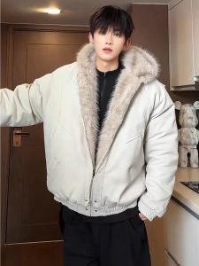 Mens Short Puffer Jacket Winter Coat Thickened Warm Windproof Cotton down Vest with Fur Collar Outdoor City Casual Wear