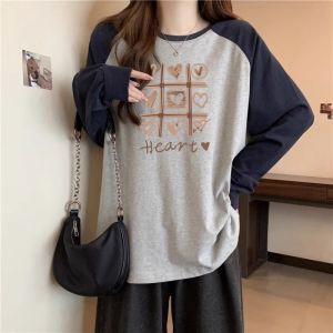 Patchwork Contrast Color Raglan Long Sleeves T-shirt Womens Spring & Fall Plus Size Loose Bottoming Shirt Inner Wear Outer Wear Mid-Length Tops