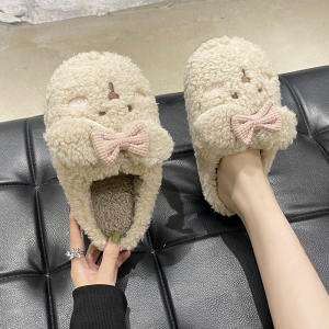 รองเท้าแตะผ้าฝ้ายผู้หญิงรองเท้าแตะหัวปิดขนกระต่ายน่ารักพื้นหนากันลื่นให้ความอบอุ่นใช้ในบ้านในร่มสำหรับฤดูใบไม้ร่วงและฤดูหนาว