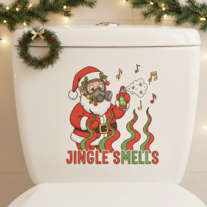 Self-adhesive Bathroom Decor Santa&Reindeer "Jingle Smells" Toilet Sticker - Waterproof Punny Christmas Art Easy Apply/Remove