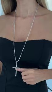 KunJoe Fashion Long Chain Jesus Cross Pendant Necklace Women Minimalist Silver Color Beaded Choker Sweater Chain Jewelry Gift