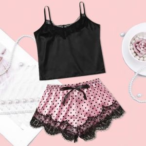 เซ็กซี่ชุดซาติน Nightdress ผู้หญิงเซ็กซี่ลูกไม้ V คอสลิงกางเกงขาสั้นสบายๆฤดูร้อน Ultra-บางส่วนยาง Band กางเกง
