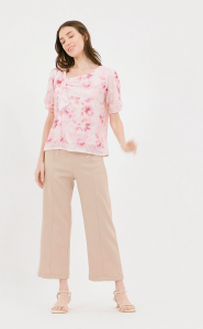 Ruffled Neckline Floral Printed Blouse Top