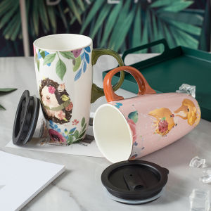 Cute Large Capacity Ceramic Cup with Lid for Home and Office Use