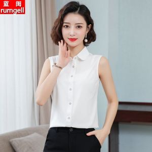 เสื้อเชิ้ตแขนกุดผ้าชีฟองสำหรับผู้หญิง ฤดูใบไม้ผลิและฤดูร้อน 2025 เสื้อเชิ้ตแขนกุดสีขาวทรงเข้ารูปสำหรับใส่ทำงาน เสื้อเชิ้ตแขนกุดแบบลำลอง