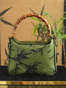 Green Silk Bamboo Node Leather Handbag Shoulder Bag Crossbody Bag for Women Chinese Style Floral Pattern Magnetic Buckle Closure