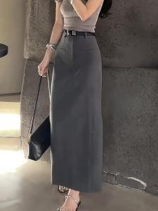 Elegant Grey High Waist Asymmetrical Hemline A-Line Skirt for Women Commute Friendly Slimming Summer New Style 2024