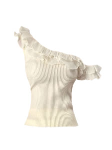 PEIXI | Flattering Sweet Style Slanted Shoulder Knitted T-Shirt