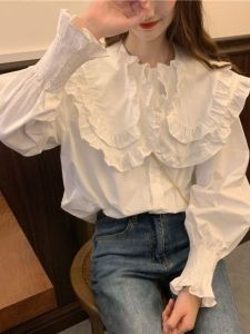 plus Size Womens Spring 2025 New Design Sensation Lace Collar Slimming Bubble Long Sleeve White Shirt Top Korean Style Loose Fit