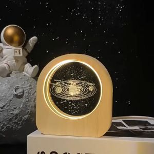 Lampu Tidur Galaxy V2 / Wooden Night Light 3D Bola Kristal / Lampu Tidur Kayu Bola Kristal Bentuk Bulan / Lampu Bola Kayu Estetik / Lampu Kayu Bola Kristal 3D