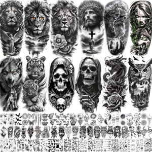 75 Sheets Skull Tiger Jesus Temporary Tattoos For Men Women Halloween Zeus God Poseidon Realistic Arm Hands Fake Tattoo Stickers