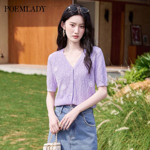 POEMLADY | Floral Design V-Neck Lightweight Knit Shirt
