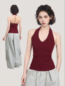 BAIDAIFEI | Áo Camisole Knit Trễ Vai Đỏ Che Khuyết Điểm Cho Phụ Nữ Mùa Hè