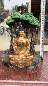 Tượng phật thích ca ngồi gốc cây bằng đồng vẽ màu cực đẹp cao 30cm rộng 24cm nặng 8kg